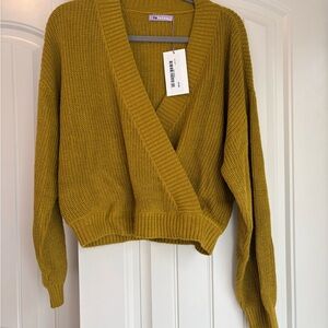 Pink Lily Olive Mustard Wrap V-Neck Sweater